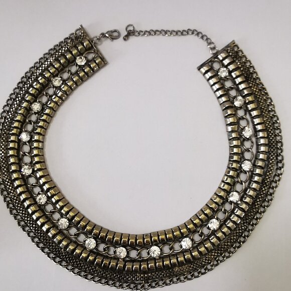 Wide Chain& Rhinestone Cleopatra Collar Necklace Bib Collar 5 Rows - Picture 7 of 10